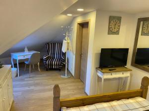 a living room with a television and a table with a chair at Pension Luna in Hildesheim