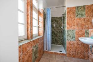 La salle de bains est pourvue d'une douche et d'un lavabo. dans l'établissement Landhaus Karnin, à Karnin