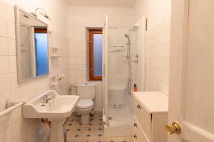 a bathroom with a toilet sink and a shower at Cirjuana, casa en el centro con agradable jardín y barbacoa in Biescas