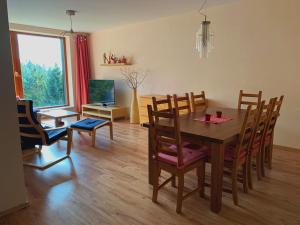 uma sala de jantar com uma mesa de madeira e cadeiras em Apartmán Švadlenka em Rokytnice nad Jizerou