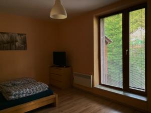 1 dormitorio con cama y ventana grande en Apartmán Švadlenka, en Rokytnice nad Jizerou