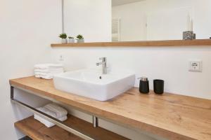 a bathroom with a white sink on a wooden counter at Glücksferien- Löwenzahn in Glücksburg