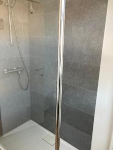 een douche met een glazen deur in een badkamer bij Zonnig appartement in Nieuwpoort +25 foto's