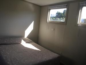 um quarto com uma cama e duas janelas em Mountains Edge Cabins em Monowai