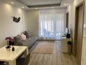 豪伊杜索博斯洛的住宿－Oasis Apartman，客厅配有沙发和桌子