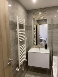 ハイドゥソボスローにあるOasis Apartmanの洗面台と鏡のあるバスルーム