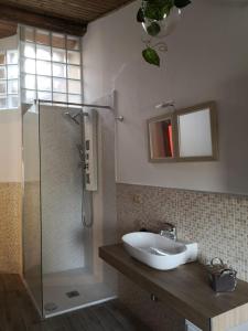 bagno con lavandino e doccia in vetro di B&B I COLLI DI BERGAMO ALTA a Bergamo
