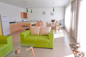 ein Wohnzimmer mit einem grünen Sofa und einer Küche in der Unterkunft Supercostarica in Grecia