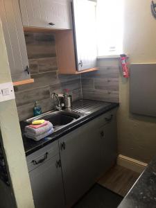 eine kleine Küche mit einem Waschbecken und einem Fenster in der Unterkunft Anchor cottage in Brixham