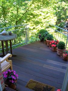 a balcony with potted plants and a table and a railing at Ferienhaus Eichhof, Garlstorf - Lüneburger Heide in Garlstorf