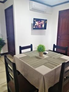 una mesa de comedor con una planta encima en Kubo Apartment Private 2 Bedrooms 5 mins SJO Airport with AC, en Alajuela