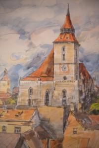 een schilderij van een gebouw met een klokkentoren bij Crown of Karolina in Braşov