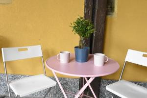 een roze tafel met twee bekers en een potplant erop bij La Casa di Oreno in Vimercate