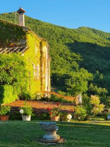 an old building with a bench in a yard at B&B La Pace in Belforte allʼIsauro