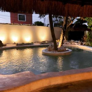a swimming pool with trees and an umbrella at Indajani Hostel Tulum with Pool in Tulum