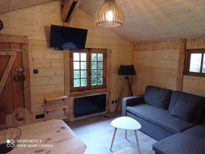 a living room with a blue couch and a table at Chalet des cascades in Le Mont-Dore