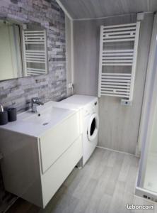 a bathroom with a sink and a washing machine at Chalet des cascades in Le Mont-Dore +18 photos