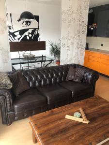 a living room with a leather couch and a coffee table at Richie Apartment near Aquapark in Prague