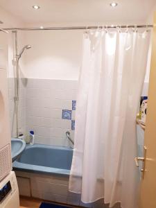 a bathroom with a tub and a shower curtain at Stadtwohnung in Eppelheim bei Heidelberg in Eppelheim