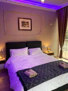 um quarto com uma cama grande e iluminação roxa em Hotel Internacional Gym & Spa Fushe-Arrez em Fushë-Arrëz