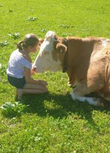 una chica arrodillada junto a una vaca en un campo en Ferienwohnungen Marchanger en Niederau