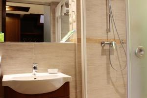 La salle de bains est pourvue d'un lavabo et d'une douche. dans l'établissement Soleil Apartman Szeged, à Szeged