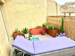 a purple couch on a balcony with potted plants at Central Narbonne with rooftop terrace in Narbonne