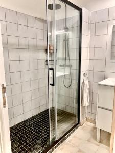 W łazience znajduje się prysznic ze szklanymi drzwiami. w obiekcie Central Narbonne with rooftop terrace w mieście Narbona