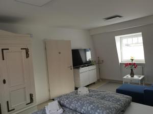 Sala de estar con cama y TV en Apartuum, en Glückstadt
