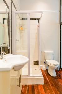 a bathroom with a shower and a sink and a toilet at Eendracht Apartments in Stellenbosch