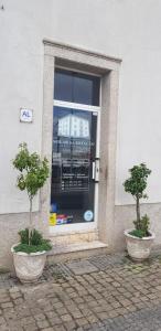 dwa drzewa w doniczkach przed oknem w obiekcie Residencial Solar da Estação w mieście Barcelos
