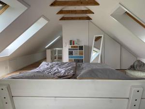1 dormitorio con 1 cama en el ático en Fehnhaus an der Kuhweide 45236, en Jemgum
