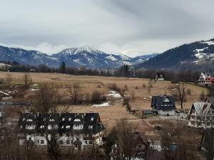 a group of houses in a field with snow capped mountains at Domek u Magdy in Zakopane
