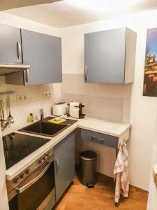 cocina pequeña con fregadero y fogones en Spreeblick Apartments en Bautzen