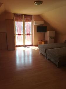 1 dormitorio con 1 cama y TV en una habitación en Karika Vendégház, en Hajdúszoboszló