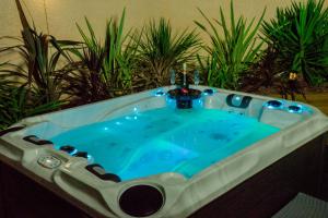 a bath tub with a faucet in front of some plants at Le petit paradis in Orange