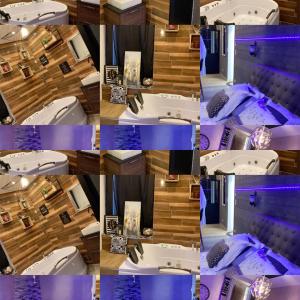 a collage of photos of a bed in a room at MANOIR AUX trois charmes in Ronchamp