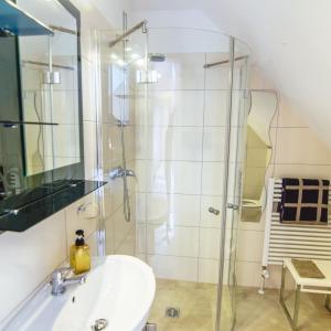 a bathroom with a shower and a sink at Gästezimmer Rolea in Dürnstein