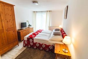 ein kleines Schlafzimmer mit einem Bett und einem TV in der Unterkunft Gästezimmer Rolea in Dürnstein