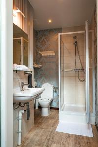 La salle de bains est pourvue de toilettes, d'un lavabo et d'une douche. dans l'établissement Vakantielogies Cathedral, à Gand