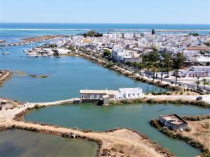 an aerial view of a city with a harbor at Moinhos das Marés in Fuzeta