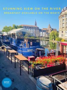 un bateau bleu garé à côté d'une rivière avec des tables et des fleurs dans l'établissement MIDPOINT STUDİOS by Life Renaissance, à Strasbourg