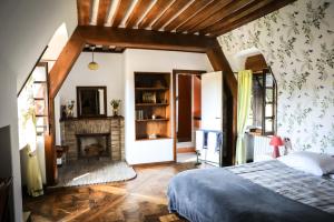 1 dormitorio con 1 cama y chimenea en Le Logis d'Arniere, en Saint Cyr-sous-Dourdan