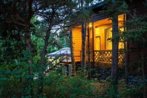 eine Holzhütte mit einer Veranda im Wald in der Unterkunft Altai in Dzhubga