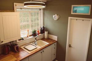 eine kleine Küche mit einem Waschbecken und einem Fenster in der Unterkunft Penygelli Apartments in Newtown