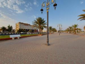 a street light in the middle of a street with palm trees at Qasr Alshamal Hotel in Arar