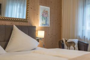 una habitación de hotel con una cama y un gato parado en una silla en Gästehaus Brugger Martin, en Sölden