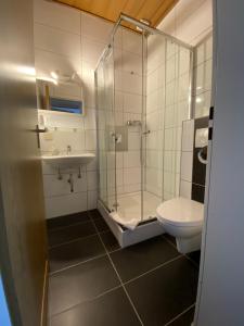 a bathroom with a glass shower and a toilet at Hubertus-Hof in Werne an der Lippe +29 photos