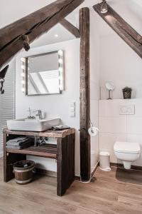 W łazience znajduje się umywalka, toaleta i lustro. w obiekcie Design-Loft und Apartment im Villenviertel w mieście Mülheim an der Ruhr