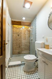 a bathroom with a shower with a toilet and a sink at Wood House Republicii in Braşov